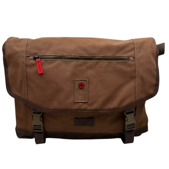 Wenger Water Repelling Waxed Canvas Messenger Shoulder Bag Brown 16in Laptop - Picture 2 of 15